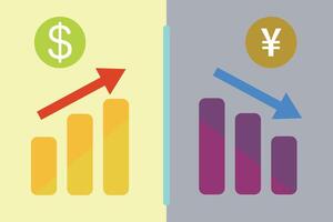 Dollar price up and yen price down. Bar graph icon and arrow graph icon set. vector