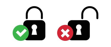 Locked and unlocked icons. Security icon with check mark and cross mark. vector