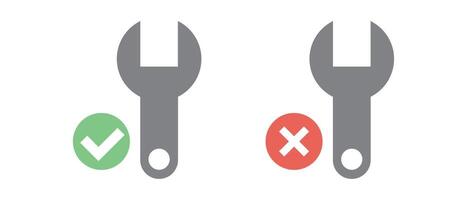 Icon set of wrench with check mark and wrench with cross mark. vector