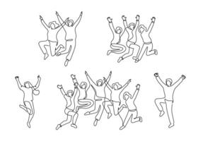 Happy one person and group of people jumping set, continuous one line drawing. Friendship, team work, healthy lifestyle, success concept. Minimalist simple linear style. outline illustration vector