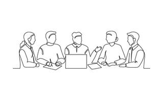 Business meeting of group office people, work on laptop, continuous one line drawing. Teamwork, learning or business talking, partnership in work. Simple single minimalism outline style. illustration vector