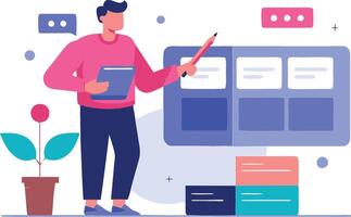 Mastering Web Design, A Man in a Blue Shirt Works Diligently on UI and UX Development, Organizing Content to Enhance User Experience in the Digital Realm of Web Pages vector