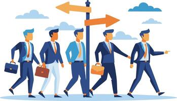 Navigating Success, Strategic Planning for Career Pathways, Leadership Challenges, and New Opportunities with Businessmen Walking Towards Success Guided by a Signpost vector