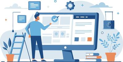 Man building website with big monitor screen vector