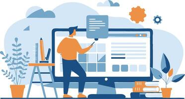 Man building website with big monitor screen vector