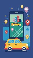 Online Taxi Concept, Smartphone App for Taxi Service, Car Rent and Sharing, Remote Vehicle Sharing with Navigation Pin, City Map Route and Location Points vector
