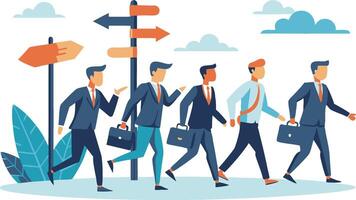 Navigating Success, Strategic Planning for Career Pathways, Leadership Challenges, and New Opportunities with Businessmen Walking Towards Success Guided by a Signpost vector