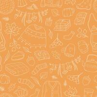 Autumn monochrome pattern with doodles on orange background for wallpaper, backgrounds, digital paper, scrapbooking, covers, stationary, textile prints, etc. EPS 10 vector
