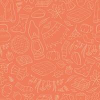 Autumn monochrome seamless pattern with doodles on orange background, textile prints, wallpaper, scrapbooking, stationary, wrapping paper, etc. EPS 10 vector