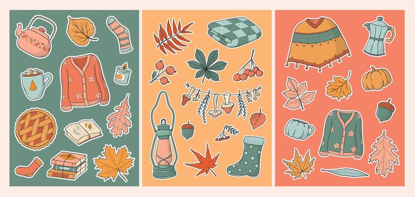Autumn stickers pack with pre made white edge. Good for social media, cards, prints, posters, banners, planners decor. Hand drawn doodles, decorative elements set. EPS 10