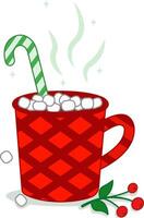 Hot chocolate with Christmas lollipops and marshmallows in a red cup. illustration. Merry Christmas and Happy New Year cup with sweets. Cartoon-style illustration.Elements of design. vector