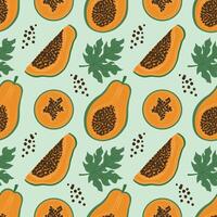 Seamless pattern of papaya and palm leaves. drawing made by hand on a peach background. Food illustration, menu, background. illustration vector