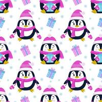 seamless pattern with the image of penguins, gifts and snowflakes. Seamless printing on children's fabrics, wallpaper, textiles, packaging, design. vector