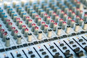 Close-up of the handles and sliders of an audio mixer. Blurred back. photo