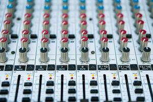 Close-up of the handles and sliders of an audio mixer. Blurred back. photo
