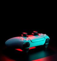 Modern white gamepad illuminated in red and blue. Game controller for games and e-sports on a dark back. photo