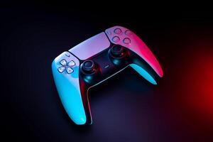 Modern white gamepad illuminated in red and blue. Game controller for games and e-sports on a dark back photo
