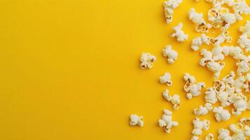 Popcorn scattered on a yellow background. A classic movie theater snack. View from above. photo