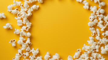 Popcorn scattered on a yellow background. A classic movie theater snack. View from above. photo