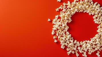 Popcorn scattered on a red background. A classic movie theater snack. View from above. photo