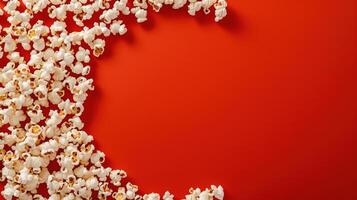 Popcorn scattered on a red background. A classic movie theater snack. View from above. photo