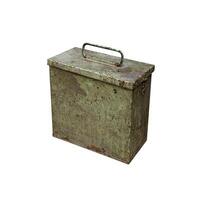 Old metal military box isolate on a white background. Green rusty drawer with handle and lock. photo