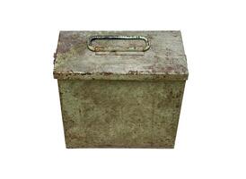 Old metal military box isolate on a white background. Green rusty drawer with handle and lock. photo