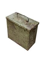 Old metal military box isolate on a white background. Green rusty drawer with handle and lock. photo
