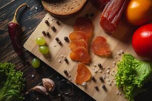 Sliced jerky on a board. Vegetables, bread and meat on the table. photo