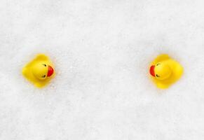 High Angle View of yellow rubber duck in bath swimming in foam water. Yellow rubber ducklings in soapy foam. photo