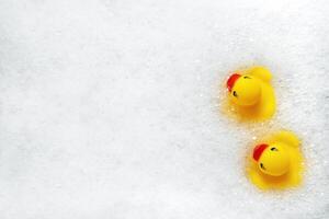 High Angle View of yellow rubber duck in bath swimming in foam water. Yellow rubber ducklings in soapy foam. photo