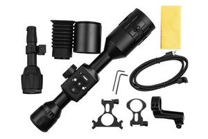 modern black optical scope for weapon isolated on whited. sight scope isolated on white back. photo