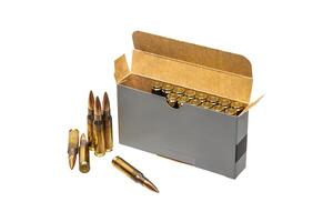 Open ammo box. Cartridges for rifle and carbine. Isolate on a white back. photo