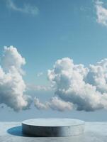 Empty podium among clouds. Product demonstration stand. Light blue back. photo