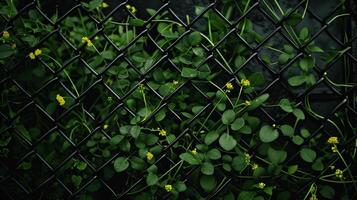 Black netting with green shoots of plants growing through it. Small yellow flowers. Natural green back. photo