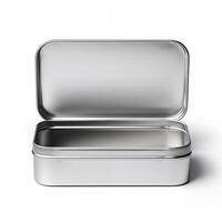 Rectangular tin box with an open lid. Metal box for various purposes. Isolate on a white back photo