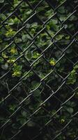Black netting with green shoots of plants growing through it. Small yellow flowers. Natural green back. photo