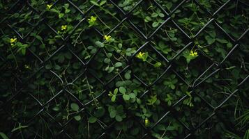 Black netting with green shoots of plants growing through it. Small yellow flowers. Natural green back. photo