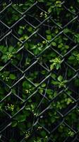 Black netting with green shoots of plants growing through it. Small yellow flowers. Natural green back. photo