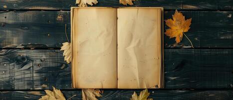 Vintage book, open, on old wooden table. Withered leaves around. Open Book blank on old wooden back. book with blank pages photo