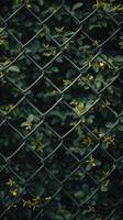 Black netting with green shoots of plants growing through it. Small yellow flowers. Natural green back. photo