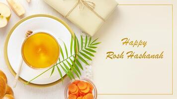 Rosh hashanah card with traditional symbols and congratulations text photo