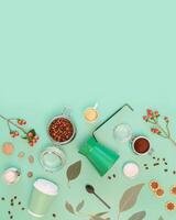 Set for preparing different kind of coffee with copy space photo