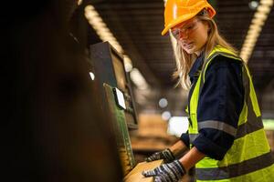 Factory engineer woman standing confident to control panel switch. Worker works at heavy machine at industry factory. worker checking timber of raw wood material. smart industry worker operating. photo