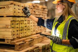 woman worker carpenter wearing safety uniform and hard hat working and checking the quality of wooden products at workshop manufacturing. man and woman workers wood in dark warehouse industry. photo