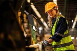 Factory engineer woman standing confident to control panel switch. Worker works at heavy machine at industry factory. worker checking timber of raw wood material. smart industry worker operating. photo
