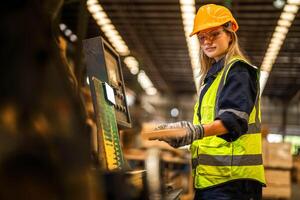 Factory engineer woman standing confident to control panel switch. Worker works at heavy machine at industry factory. worker checking timber of raw wood material. smart industry worker operating. photo
