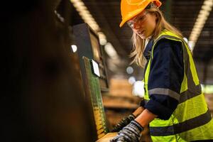 Factory engineer woman standing confident to control panel switch. Worker works at heavy machine at industry factory. worker checking timber of raw wood material. smart industry worker operating. photo