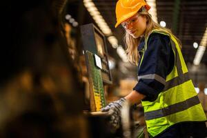 Factory engineer woman standing confident to control panel switch. Worker works at heavy machine at industry factory. worker checking timber of raw wood material. smart industry worker operating. photo