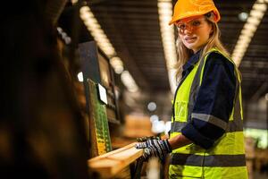Factory engineer woman standing confident to control panel switch. Worker works at heavy machine at industry factory. worker checking timber of raw wood material. smart industry worker operating. photo